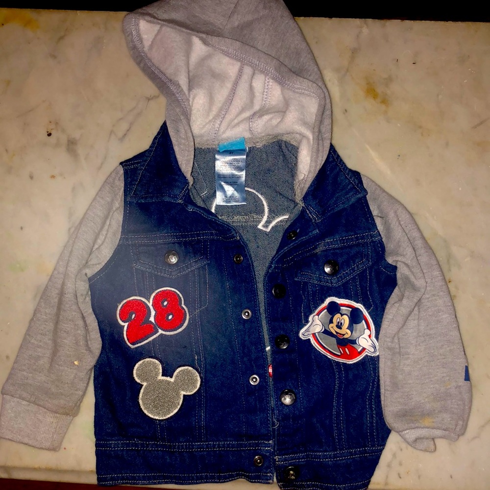 Disney Mickey blue Jean jacket with hoodie sz 3T
